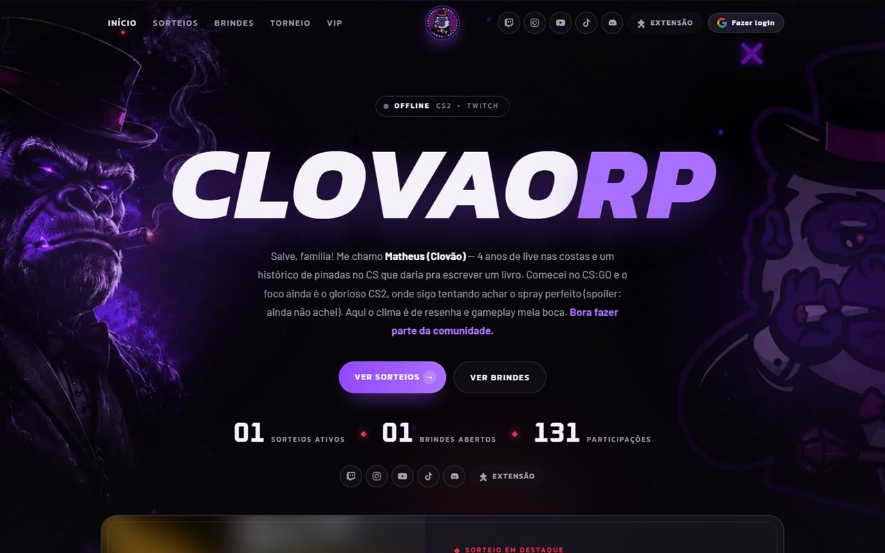 Página inicial do site ClovãoRP